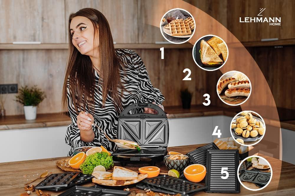 image:imageLehmann Sandwichmaker 5 en 1 avec diffrentes formes Gaufrier grill contact panini sandwich gteaux sucrs Comprend 5 ensembles de plaques antiadhsives 800 W