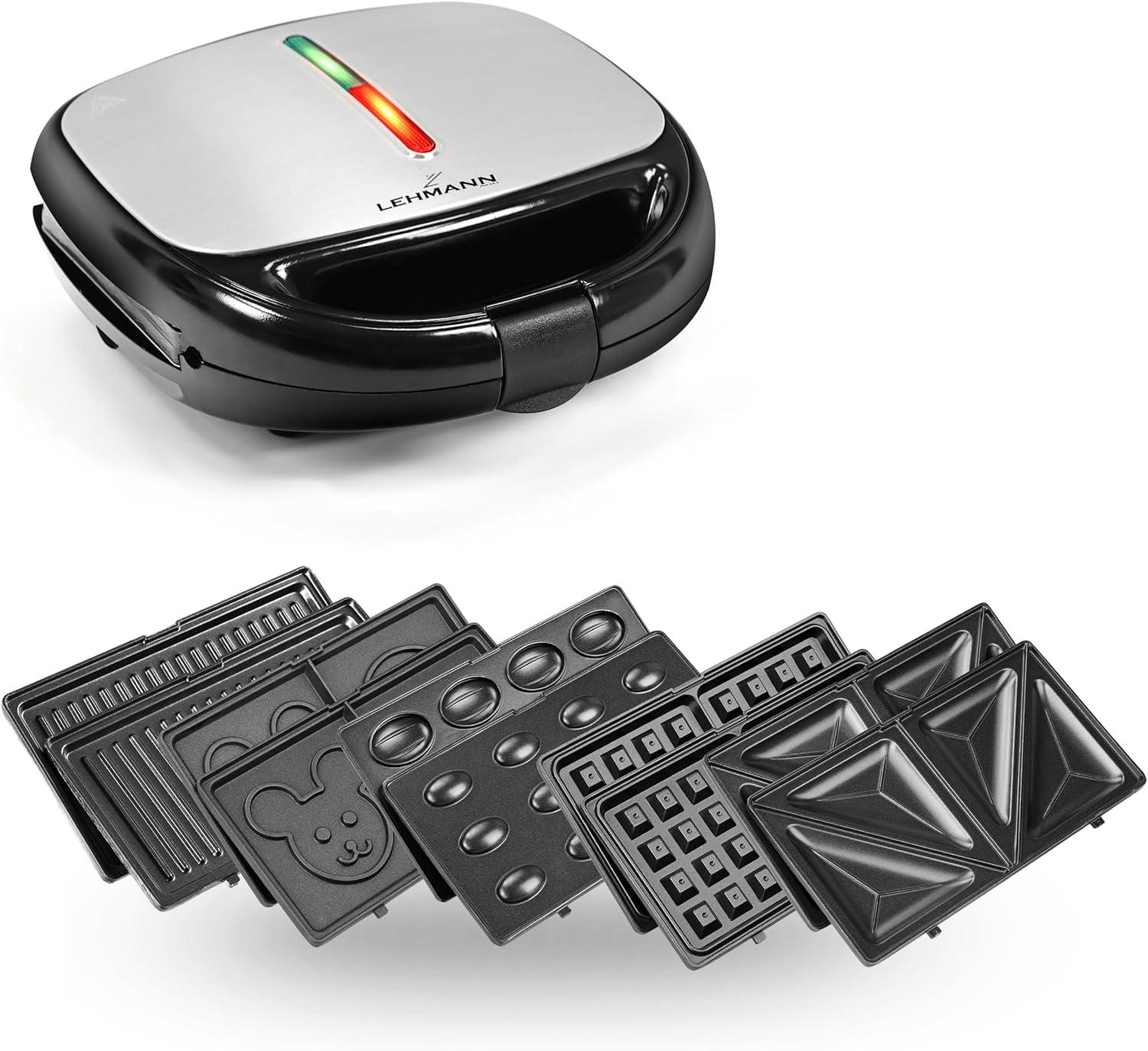 image:imageLehmann Sandwichmaker 5 en 1 avec diffrentes formes Gaufrier grill contact panini sandwich gteaux sucrs Comprend 5 ensembles de plaques antiadhsives 800 W