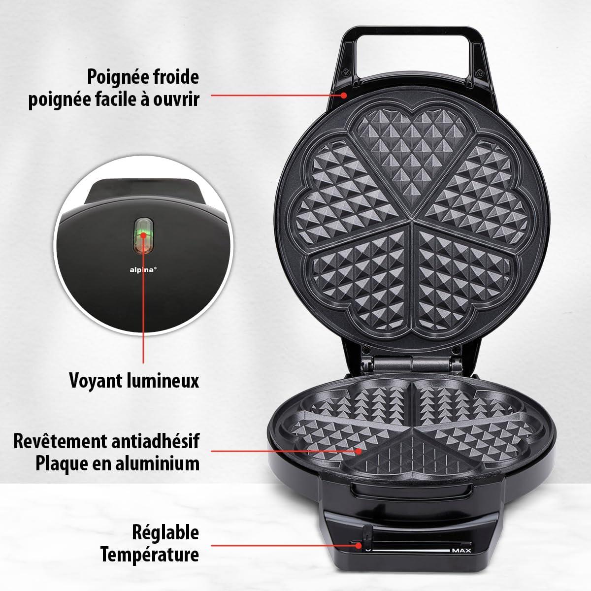 image:imagealpina Gaufrier Forme Coeur Revtement Antiadhsif 5 Gaufres 1000 W Noir