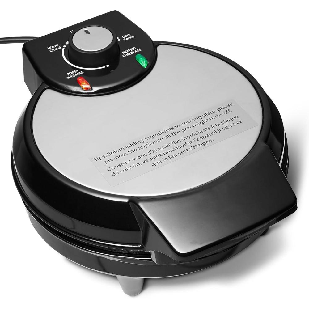image:imageAmazon Basics Gaufrier pour Gaufres Belges avec Plaque Antiadhsive Ronde en Cramique de 20cm Contrle de la Dorure NoirGaufrier 1 Plaque