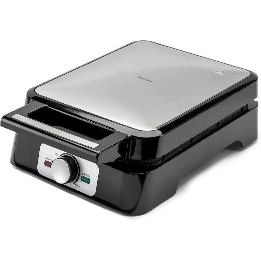 image:imageGaufrier lectrique 1500W pour 4 Gaufres Belges Chauffe Rapide Temprature Rglable Plaques Antiadhsives Voyant Lumineux Poigne Cool Touch Inox Noir