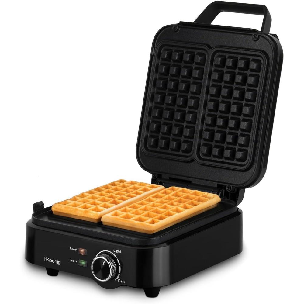 image:imageHKoenig Gaufrier Compact GFX420 Appareil Gaufres Puissance 1200W Plaques Antiadhsives Temprature Rglable 3 Niveaux de Dorure Gouttire AntiDbordement Pieds Antidrapants NoirGFX420