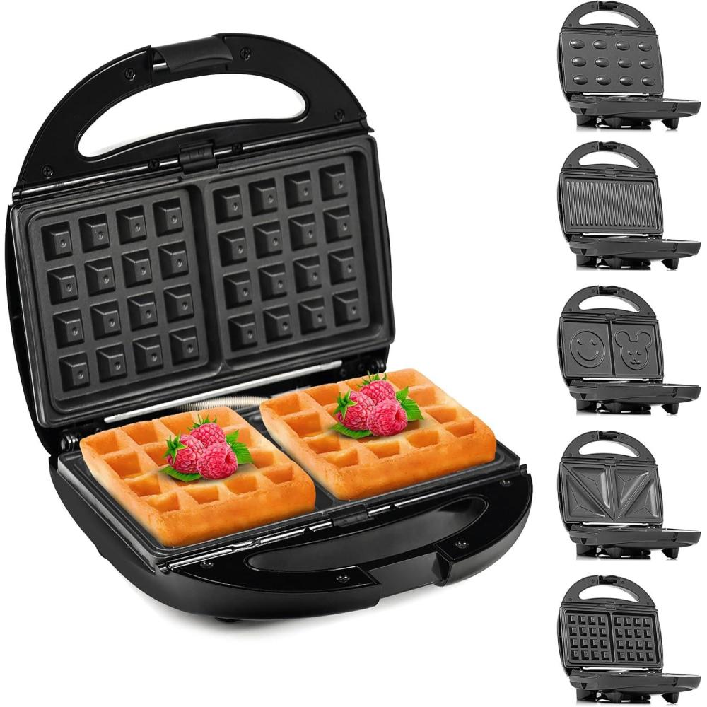 image:imageLehmann Sandwichmaker 5 en 1 avec diffrentes formes Gaufrier grill contact panini sandwich gteaux sucrs Comprend 5 ensembles de plaques antiadhsives 800 W
