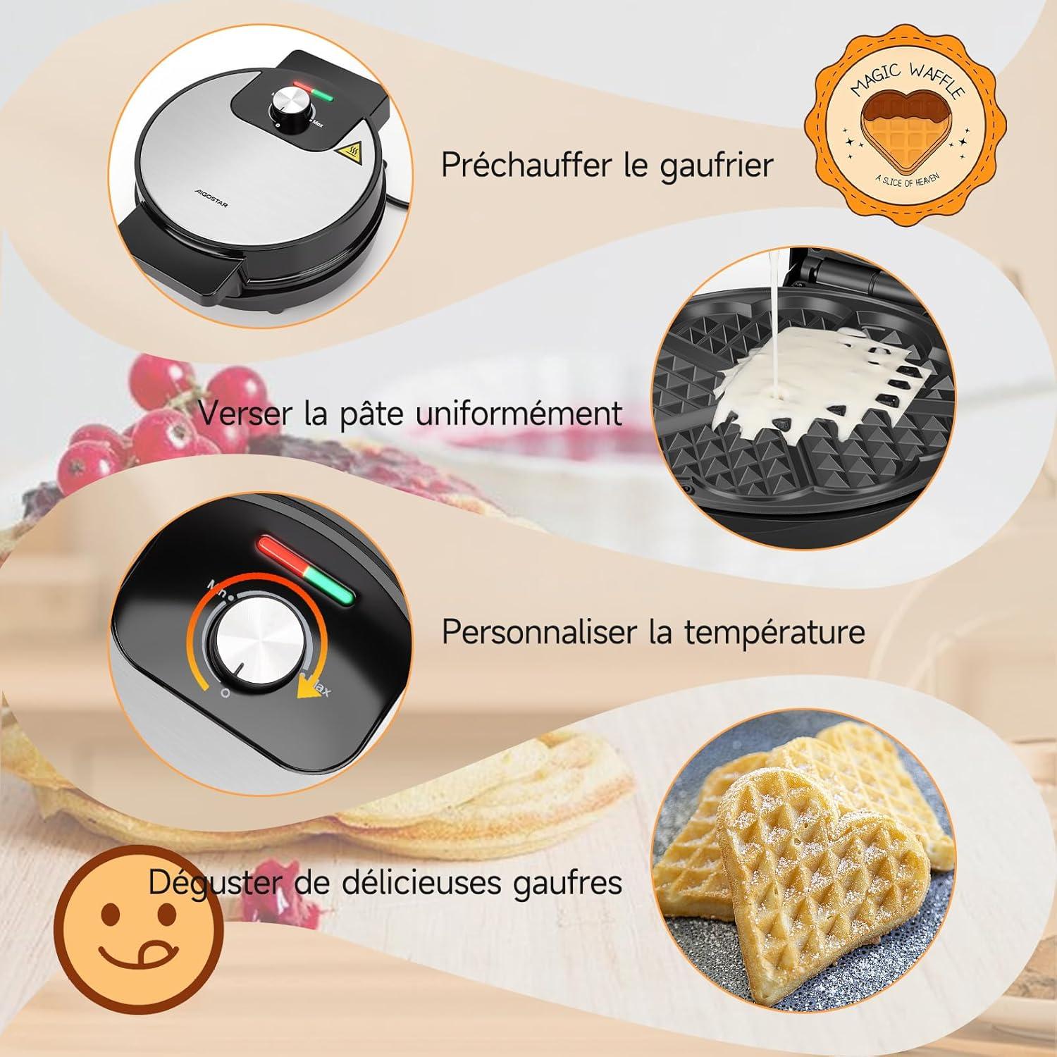 image:imageAigostar Gaufrier pour 5 Gaufres en Forme de Cur 1000W Plaques Antiadhsives de 19 cm Temprature Rglable Indicateur LED Poigne Froide au Toucher Design Compact en Acier Inoxydable Sans BPA
