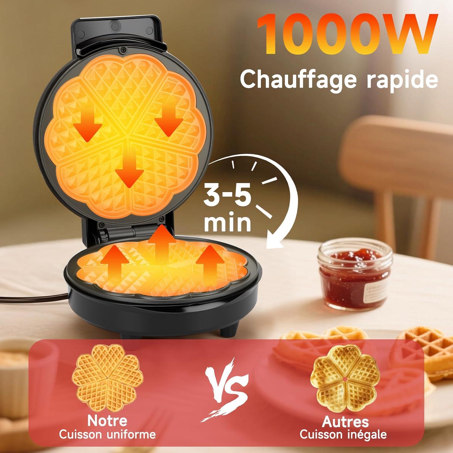image:imageAigostar Gaufrier pour 5 Gaufres en Forme de Cur 1000W Plaques Antiadhsives de 19 cm Temprature Rglable Indicateur LED Poigne Froide au Toucher Design Compact en Acier Inoxydable Sans BPA