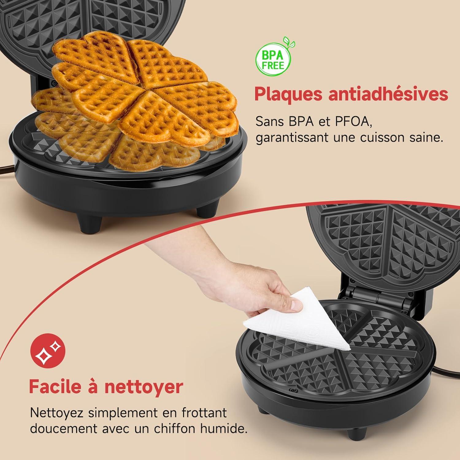 image:imageAigostar Gaufrier pour 5 Gaufres en Forme de Cur 1000W Plaques Antiadhsives de 19 cm Temprature Rglable Indicateur LED Poigne Froide au Toucher Design Compact en Acier Inoxydable Sans BPA