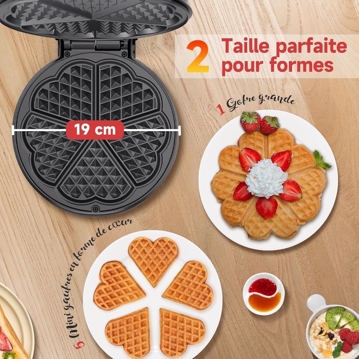 image:imageAigostar Gaufrier pour 5 Gaufres en Forme de Cur 1000W Plaques Antiadhsives de 19 cm Temprature Rglable Indicateur LED Poigne Froide au Toucher Design Compact en Acier Inoxydable Sans BPA