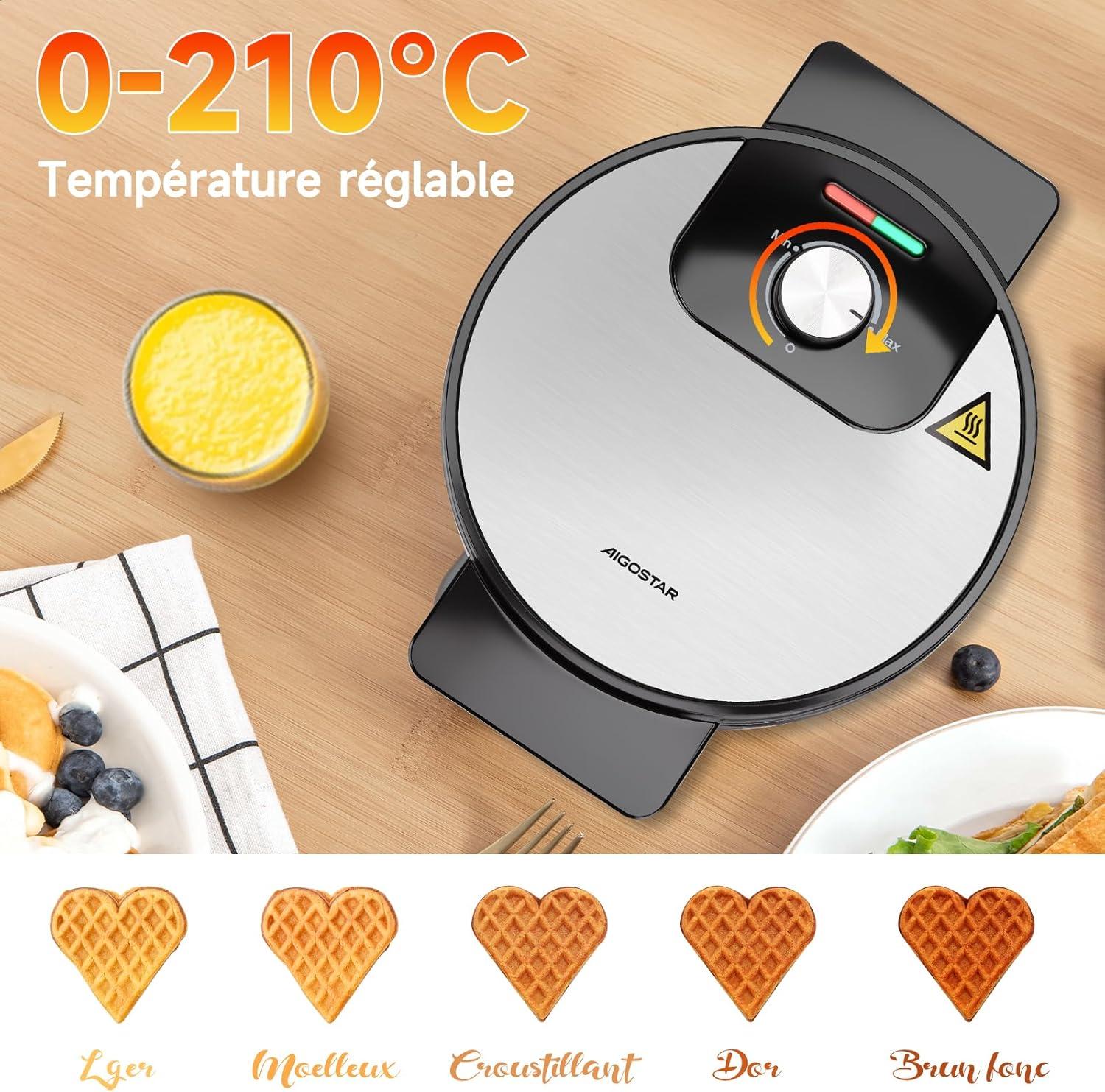 image:imageAigostar Gaufrier pour 5 Gaufres en Forme de Cur 1000W Plaques Antiadhsives de 19 cm Temprature Rglable Indicateur LED Poigne Froide au Toucher Design Compact en Acier Inoxydable Sans BPA