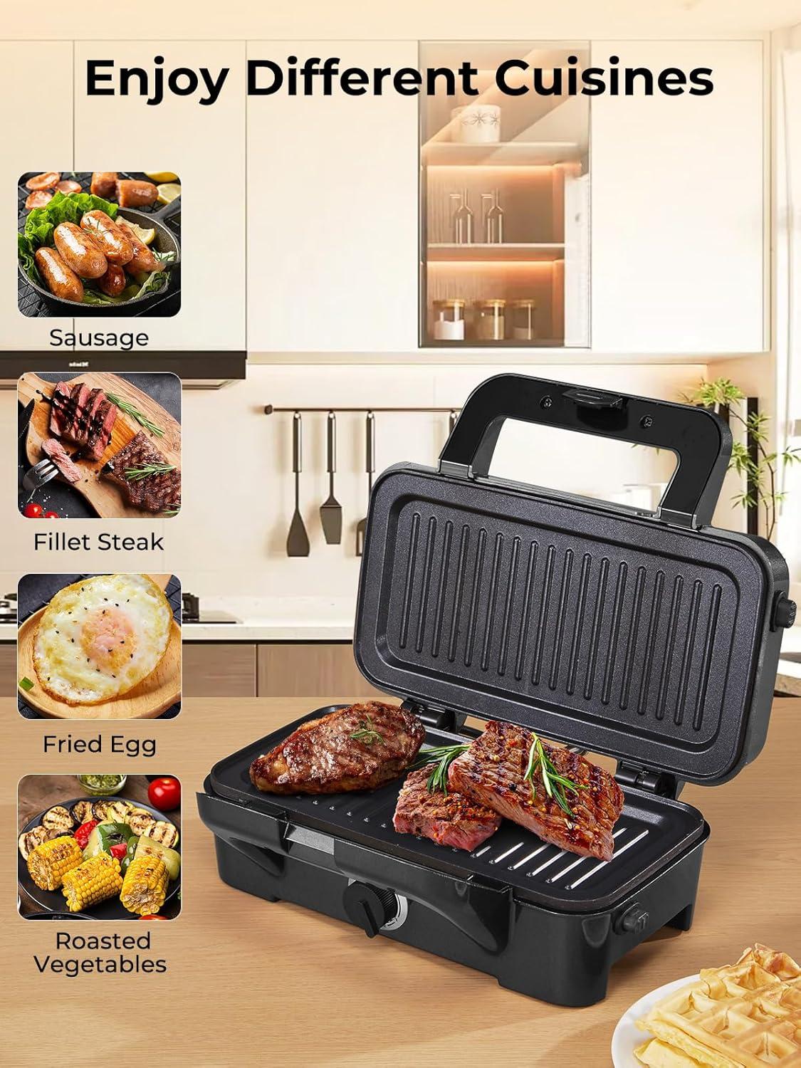 image:imageCroque Monsieur 3 en 1 Gauffrier Multifonctions 1200W Contrle de Temprature 5 Vitesses Machine Panini avec Plaque Antiadhsive et Amovible Chauffe Rapide Rangement Vertical NoirNoir