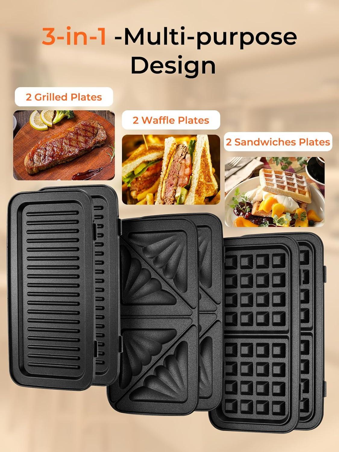 image:imageCroque Monsieur 3 en 1 Gauffrier Multifonctions 1200W Contrle de Temprature 5 Vitesses Machine Panini avec Plaque Antiadhsive et Amovible Chauffe Rapide Rangement Vertical NoirNoir