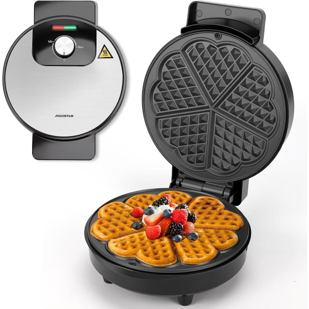 image:imageAigostar Gaufrier pour 5 Gaufres en Forme de Cur 1000W Plaques Antiadhsives de 19 cm Temprature Rglable Indicateur LED Poigne Froide au Toucher Design Compact en Acier Inoxydable Sans BPA