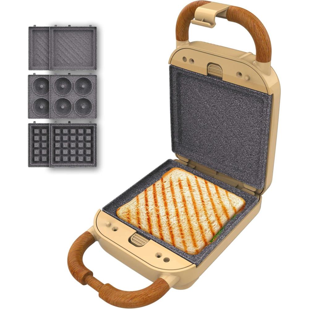 image:imageCecotec Appareil Sandwichs RocknToast Retro One Beige Machine Sandwich Rtro 700W 3 Plaques Pour Sandwiches Gaufres et Beignets Revtement RockStone Indicateur Lumineux Base AntidrapanteYellow