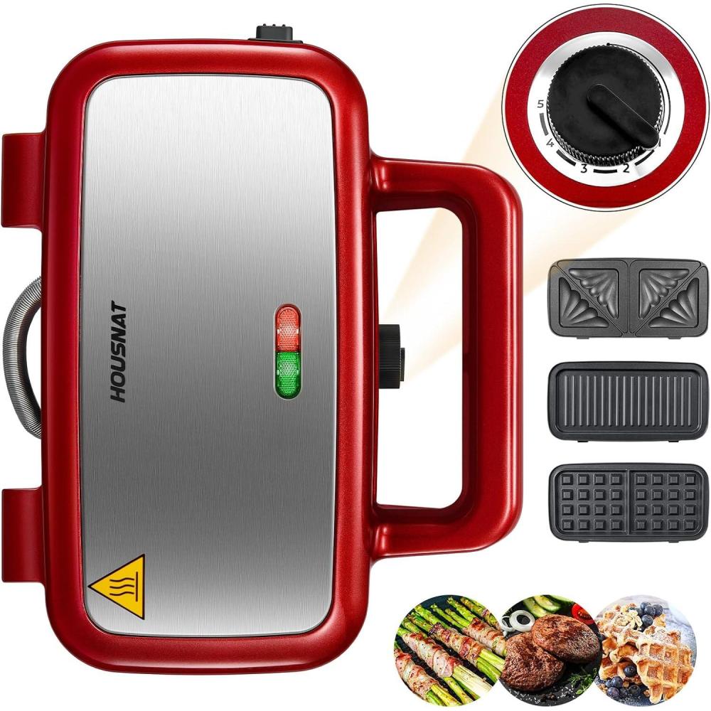 image:imageCroque Monsieur 3 en 1 Gauffrier Multifonctions 1200W Contrle de Temprature 5 Vitesses Machine Panini avec Plaque Antiadhsive et Amovible Chauffe Rapide Rangement Vertical NoirRouge