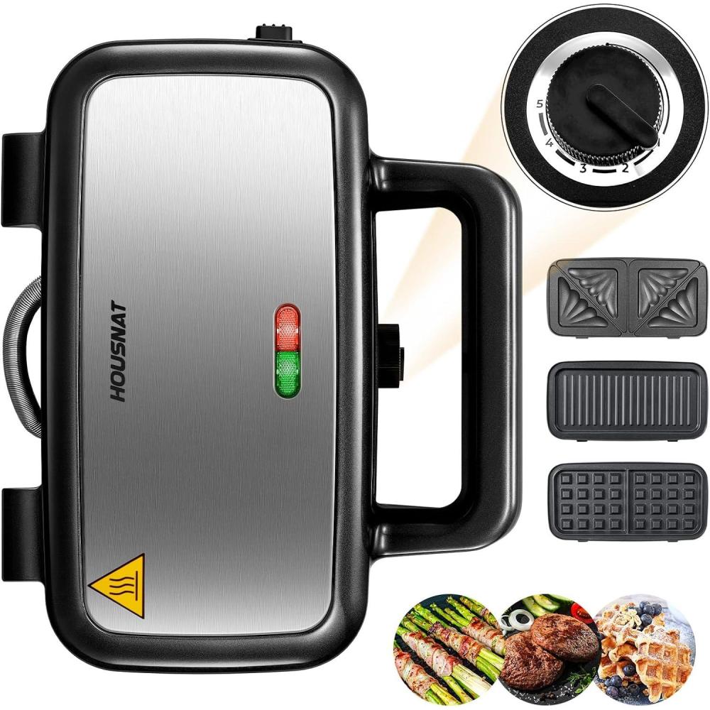 image:imageCroque Monsieur 3 en 1 Gauffrier Multifonctions 1200W Contrle de Temprature 5 Vitesses Machine Panini avec Plaque Antiadhsive et Amovible Chauffe Rapide Rangement Vertical NoirNoir