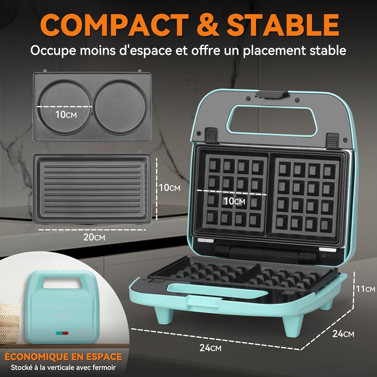image:imageBakers Friend Gaufrier 3 en 1 avec plaques amovibles Gaufrier carr avec plaques amovibles Presse crpes et sandwiches Fabricant de fromage grill Antiadhsif Acier inoxydable Aqua3 en 1 Gaufrier Aqua