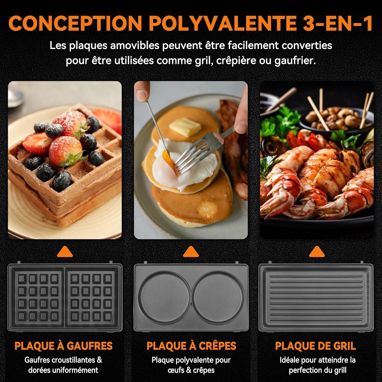 image:imageBakers Friend Gaufrier 3 en 1 avec plaques amovibles Gaufrier carr avec plaques amovibles Presse crpes et sandwiches Fabricant de fromage grill Antiadhsif Acier inoxydable Aqua3 en 1 Gaufrier Aqua