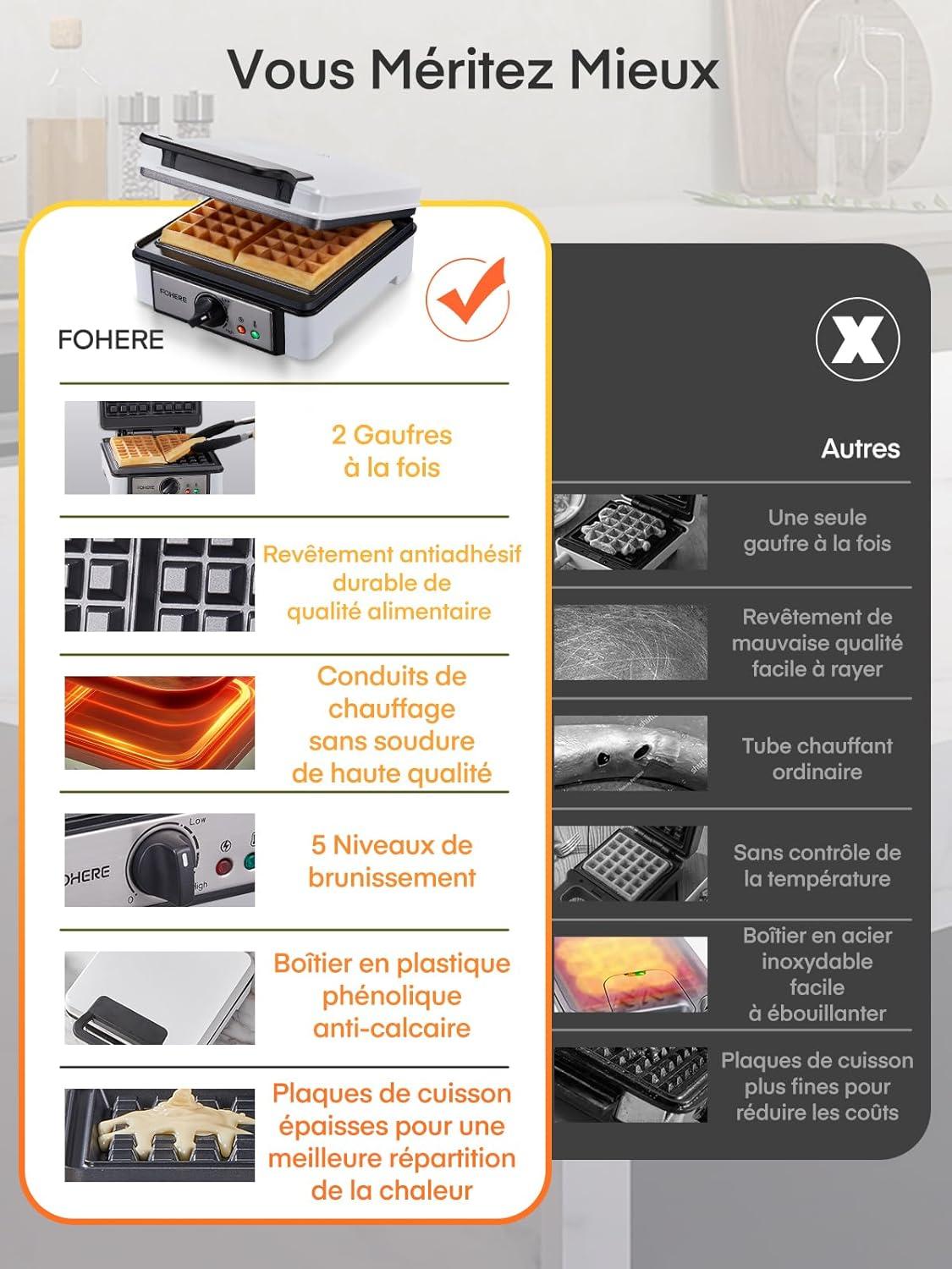 image:imageFOHERE Gaufrier Belge 1200W Contrle de Temprature 5 Vitesses Appareil a Gauffre Electrique Poigne Thermoisolante Lumire de Cuisson Machine Gaufres Professionnel 2 Gaufres2 Gaufres