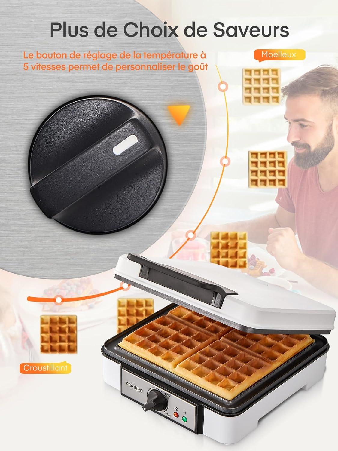 image:imageFOHERE Gaufrier Belge 1200W Contrle de Temprature 5 Vitesses Appareil a Gauffre Electrique Poigne Thermoisolante Lumire de Cuisson Machine Gaufres Professionnel 2 Gaufres4 Gaufres