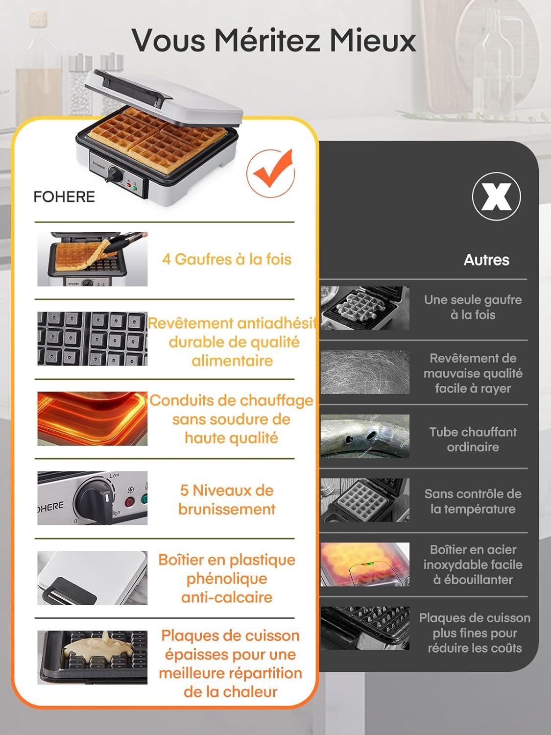 image:imageFOHERE Gaufrier Belge 1200W Contrle de Temprature 5 Vitesses Appareil a Gauffre Electrique Poigne Thermoisolante Lumire de Cuisson Machine Gaufres Professionnel 2 Gaufres4 Gaufres