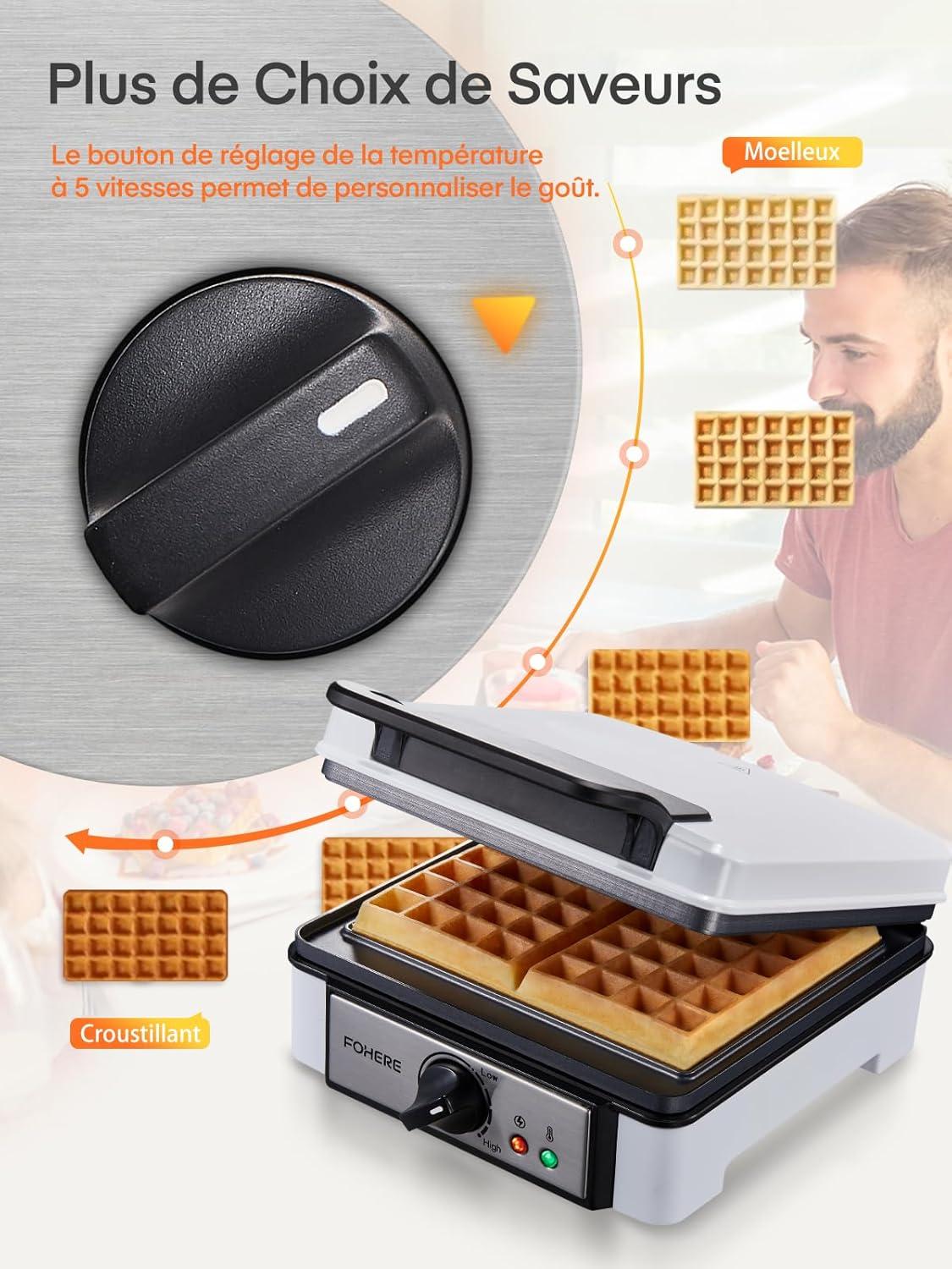 image:imageFOHERE Gaufrier Belge 1200W Contrle de Temprature 5 Vitesses Appareil a Gauffre Electrique Poigne Thermoisolante Lumire de Cuisson Machine Gaufres Professionnel 2 Gaufres2 Gaufres