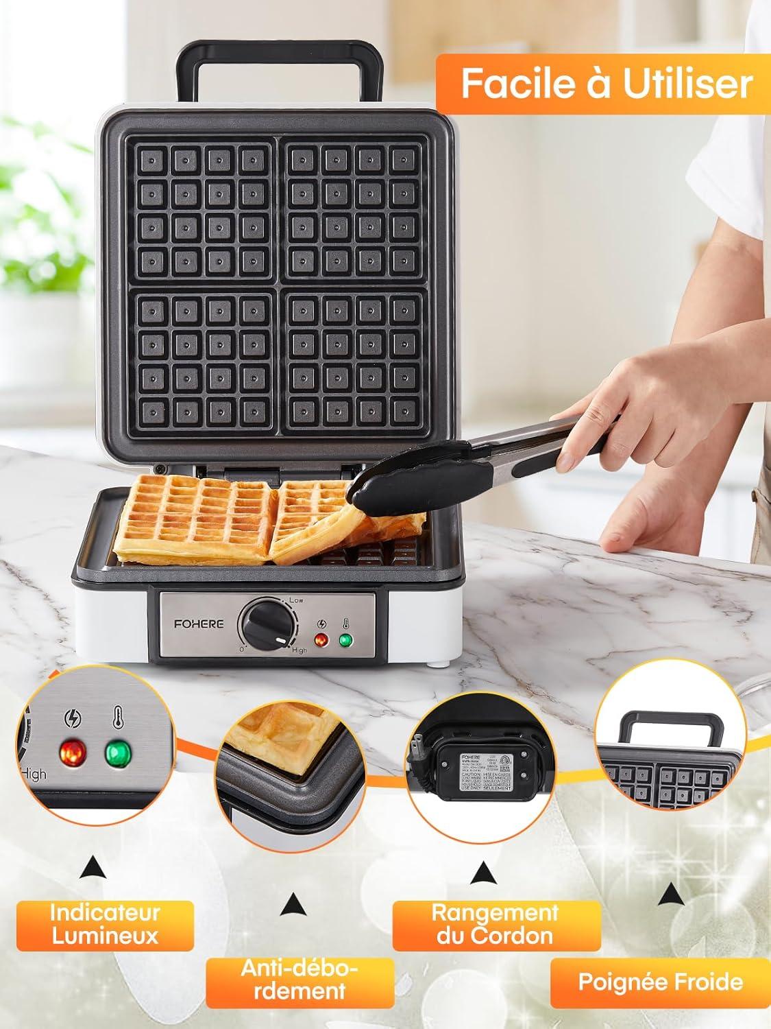 image:imageFOHERE Gaufrier Belge 1200W Contrle de Temprature 5 Vitesses Appareil a Gauffre Electrique Poigne Thermoisolante Lumire de Cuisson Machine Gaufres Professionnel 2 Gaufres4 Gaufres