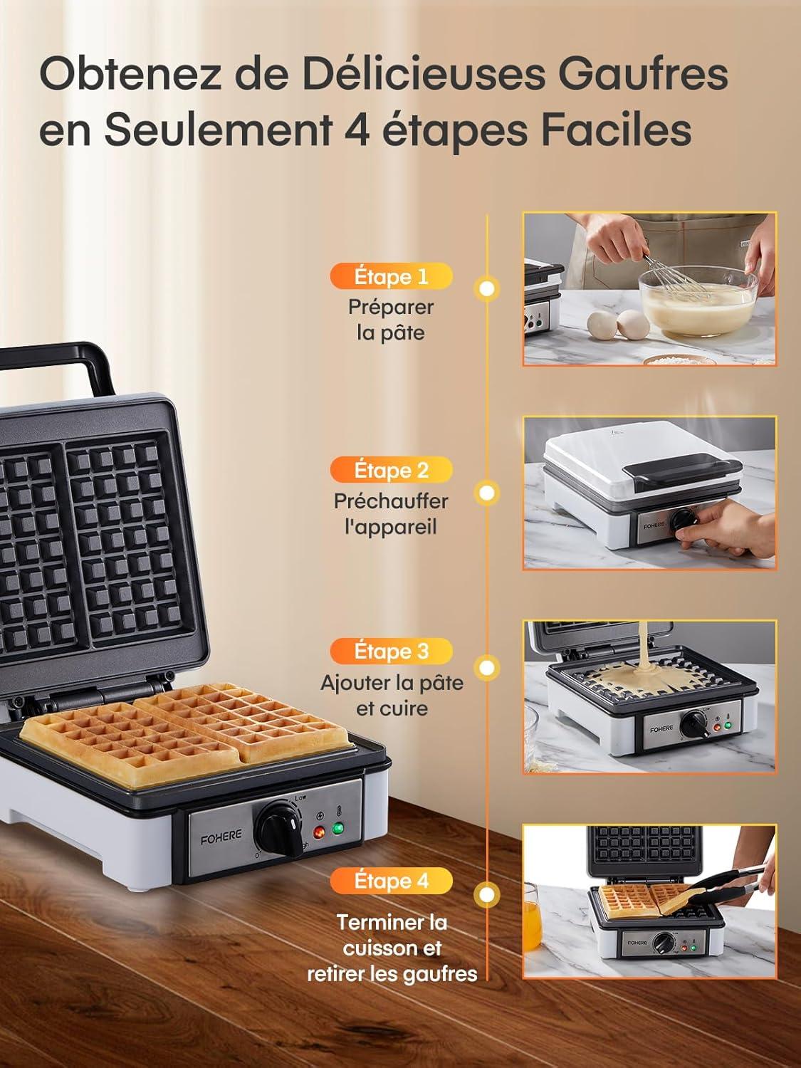 image:imageFOHERE Gaufrier Belge 1200W Contrle de Temprature 5 Vitesses Appareil a Gauffre Electrique Poigne Thermoisolante Lumire de Cuisson Machine Gaufres Professionnel 2 Gaufres2 Gaufres