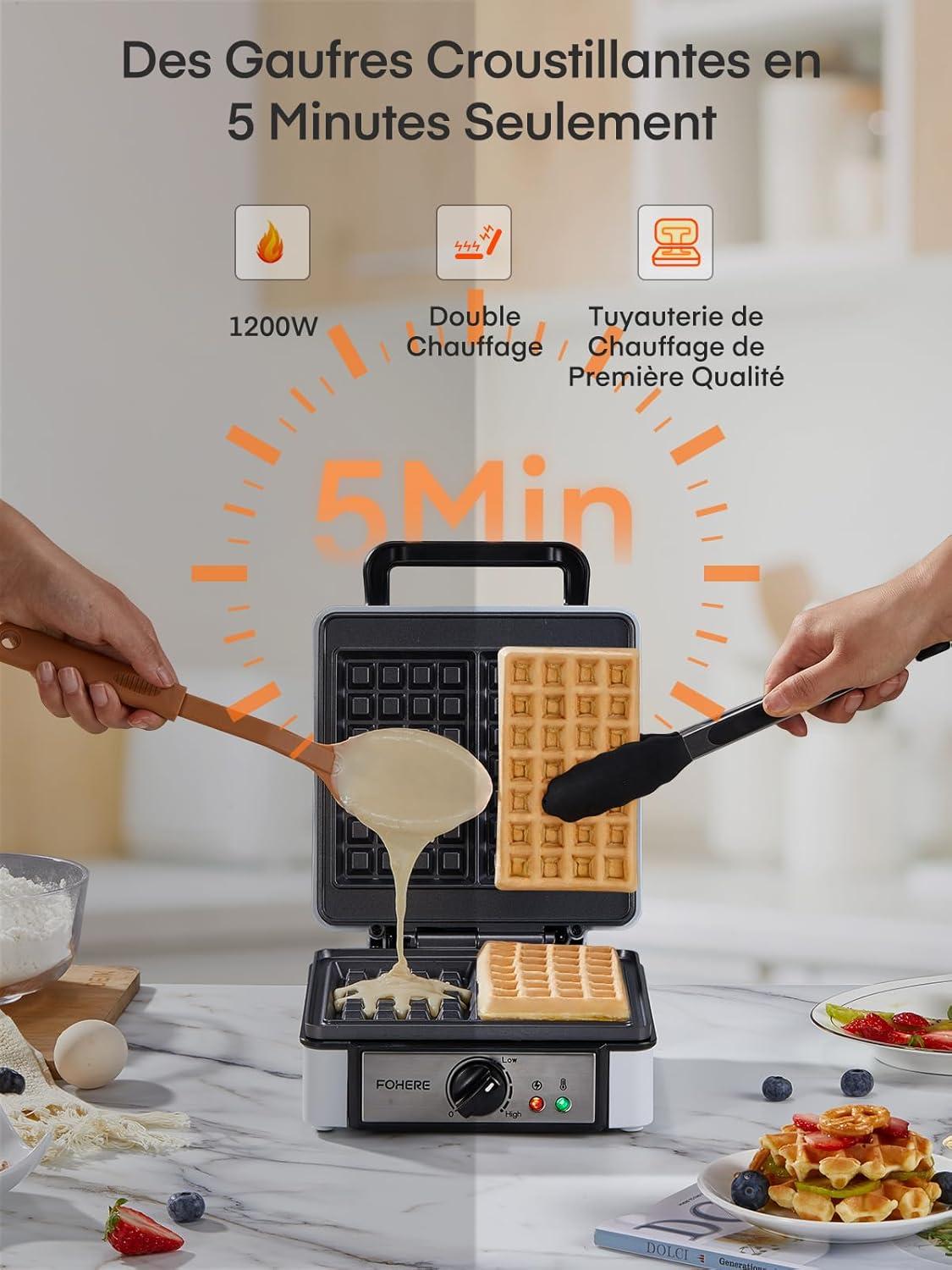 image:imageFOHERE Gaufrier Belge 1200W Contrle de Temprature 5 Vitesses Appareil a Gauffre Electrique Poigne Thermoisolante Lumire de Cuisson Machine Gaufres Professionnel 2 Gaufres2 Gaufres