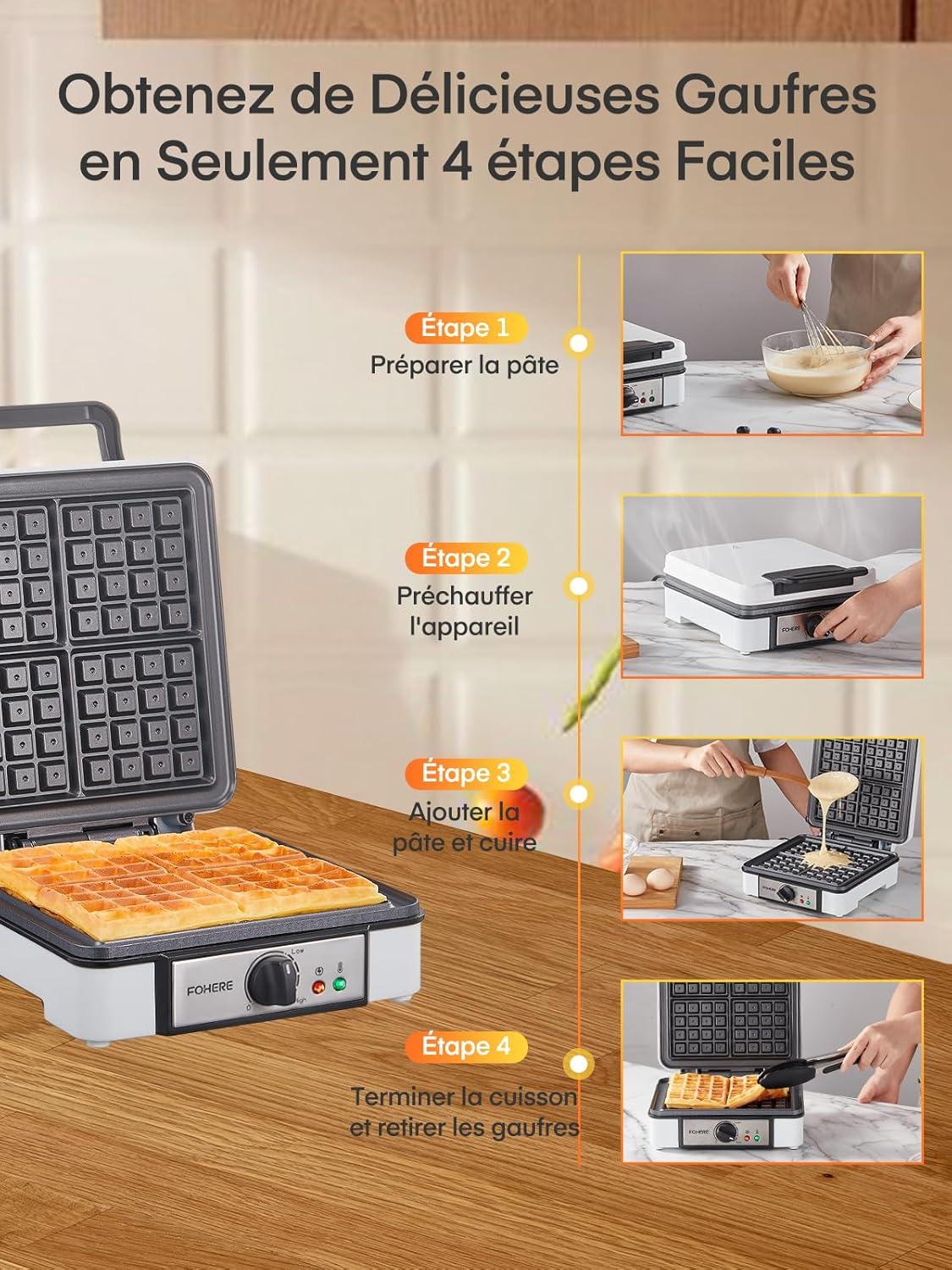 image:imageFOHERE Gaufrier Belge 1200W Contrle de Temprature 5 Vitesses Appareil a Gauffre Electrique Poigne Thermoisolante Lumire de Cuisson Machine Gaufres Professionnel 2 Gaufres4 Gaufres