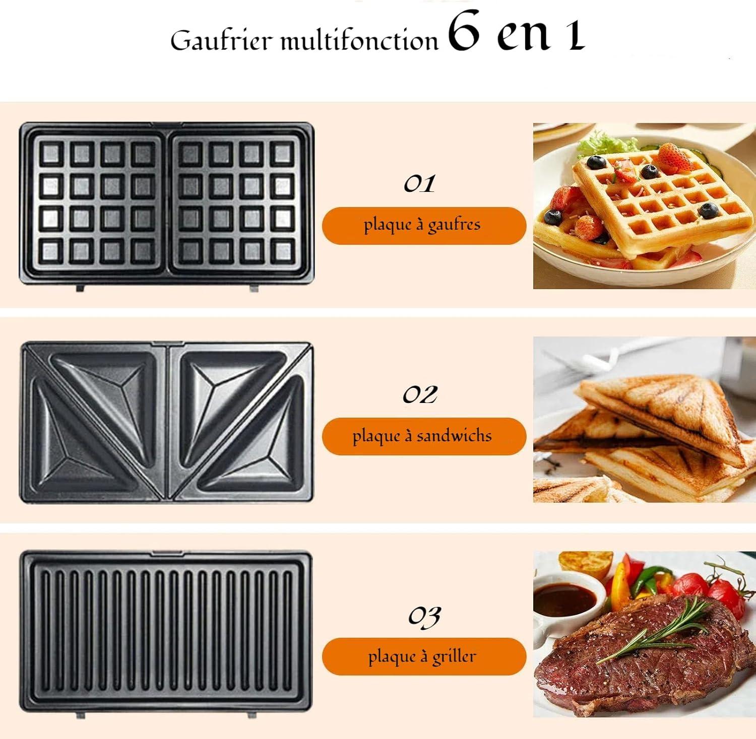 image:imageOKYUK Gaufrier Gauffrier multifonctions 750W avec 6 plaques de gril antiadhsives amovibles machine a panini rpondant diffrents besoins de petitdjeuner