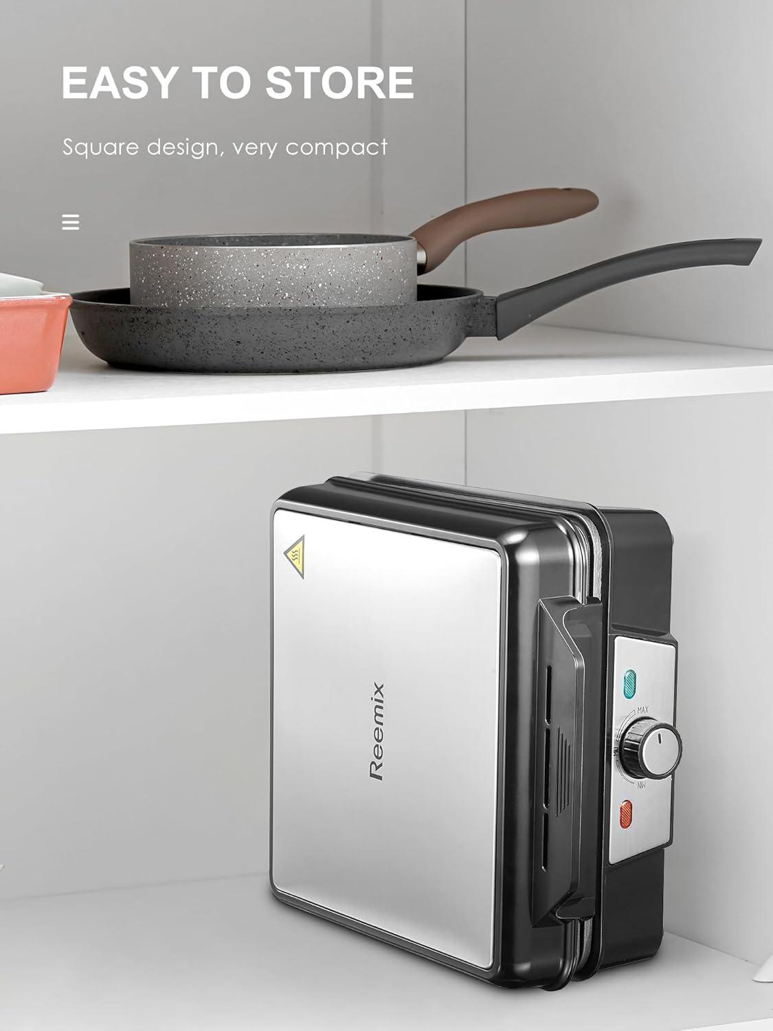 image:imageReemix Gaufrier lectrique 1200 W plaques antiadhsives temprature rglable nettoyage facile acier inoxydable