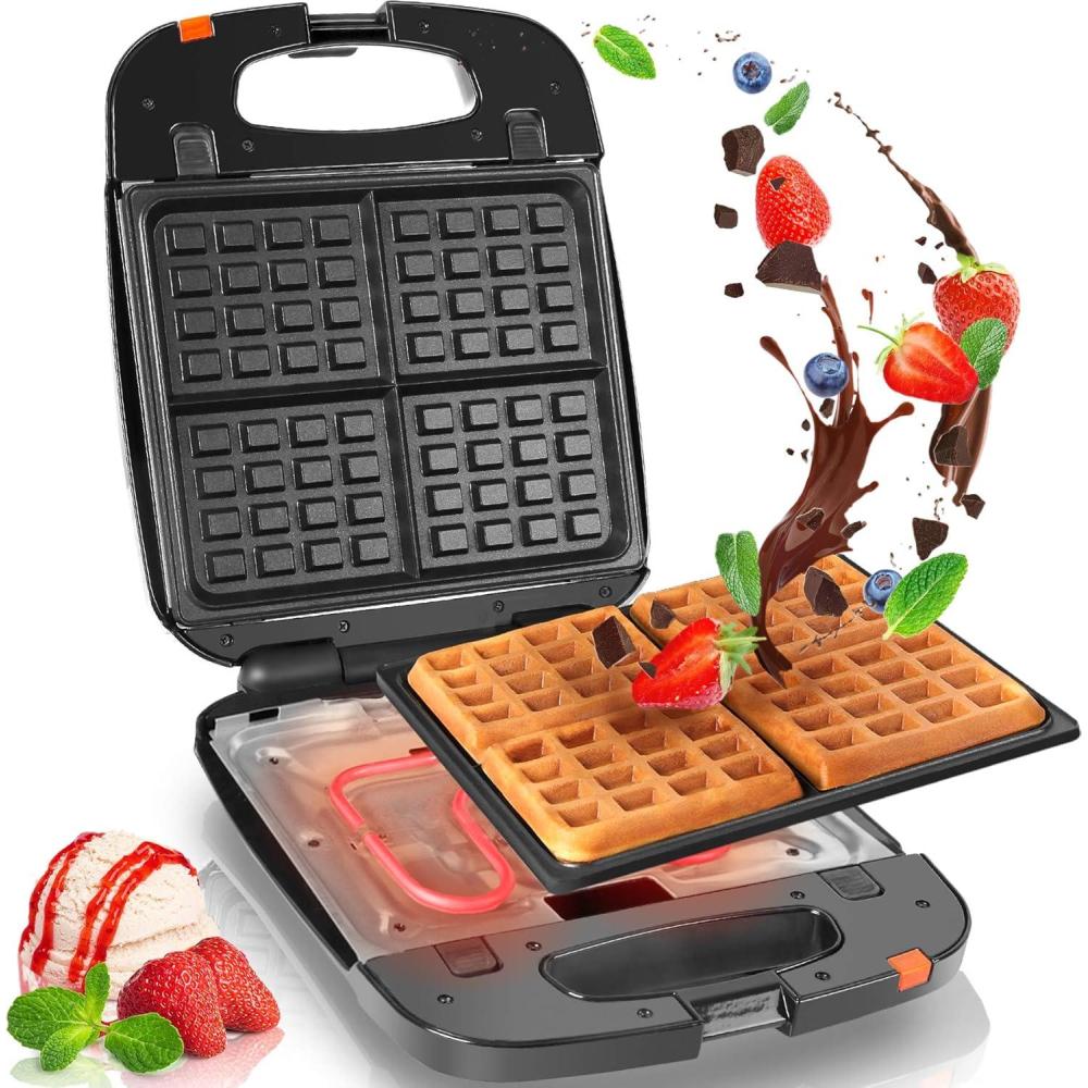 image:imageDuronic WM60 Machine gaufres lectrique 1200W 4 Gaufres larges sur plaque antiadhsive dmontable pour nettoyage rapide Gaufrier avec plaques croques et grill disponibles Pour gaufres belges