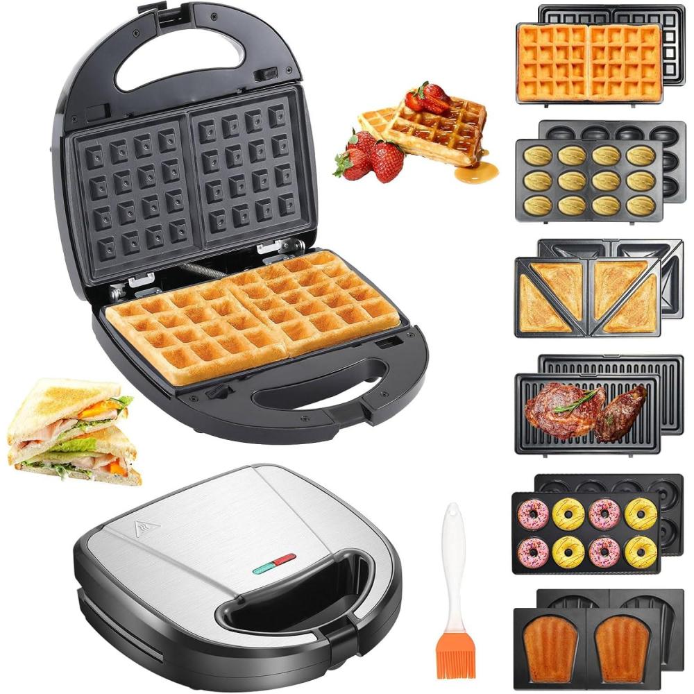 image:imageOKYUK Gaufrier Gauffrier multifonctions 750W avec 6 plaques de gril antiadhsives amovibles machine a panini rpondant diffrents besoins de petitdjeuner