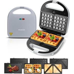 Aigostar Gaufrier 3 en 1 : Gaufrier, Presse à paninis et Appareil à sandwichs, avec 3 plaques antiadhésives et interchangeables, Thermostat automatique, 750W, Gris, Grace(Gris)