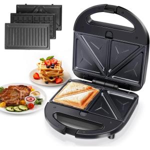 Aigostar Gaufrier 3 en 1 : Gaufrier, Presse à paninis et Appareil à sandwichs, avec 3 plaques antiadhésives et interchangeables, Thermostat automatique, 750W, Gris, Grace(Noir)