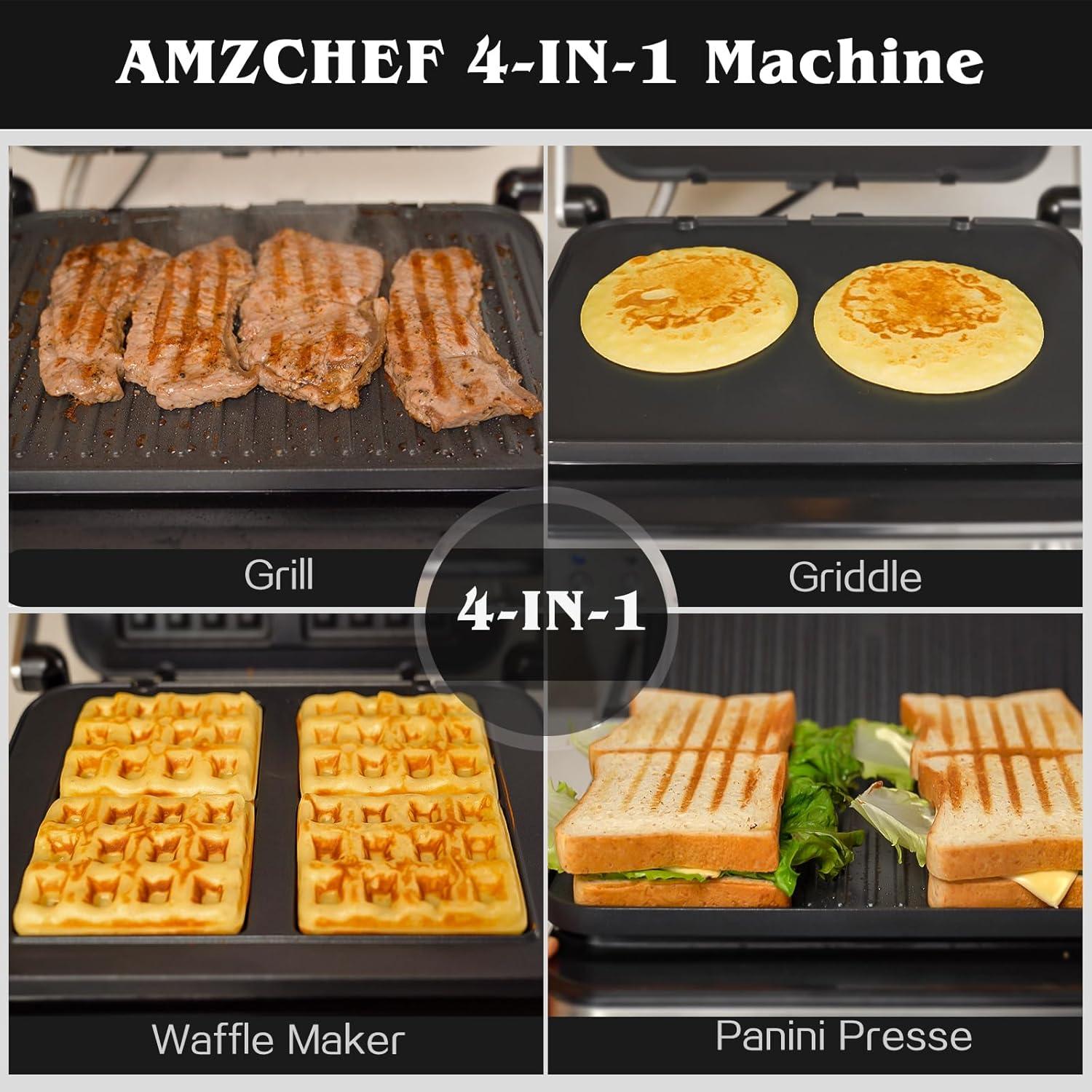 image:imageAMZCHEF Gril de contact multifonctionnel 4 en 1 Grille Gaufrier ampamp SandwichMaker avec 4 plaques amovibles antiadhsives temps et temprature personnalissIndicateur LEDGril sant 2000WArgent