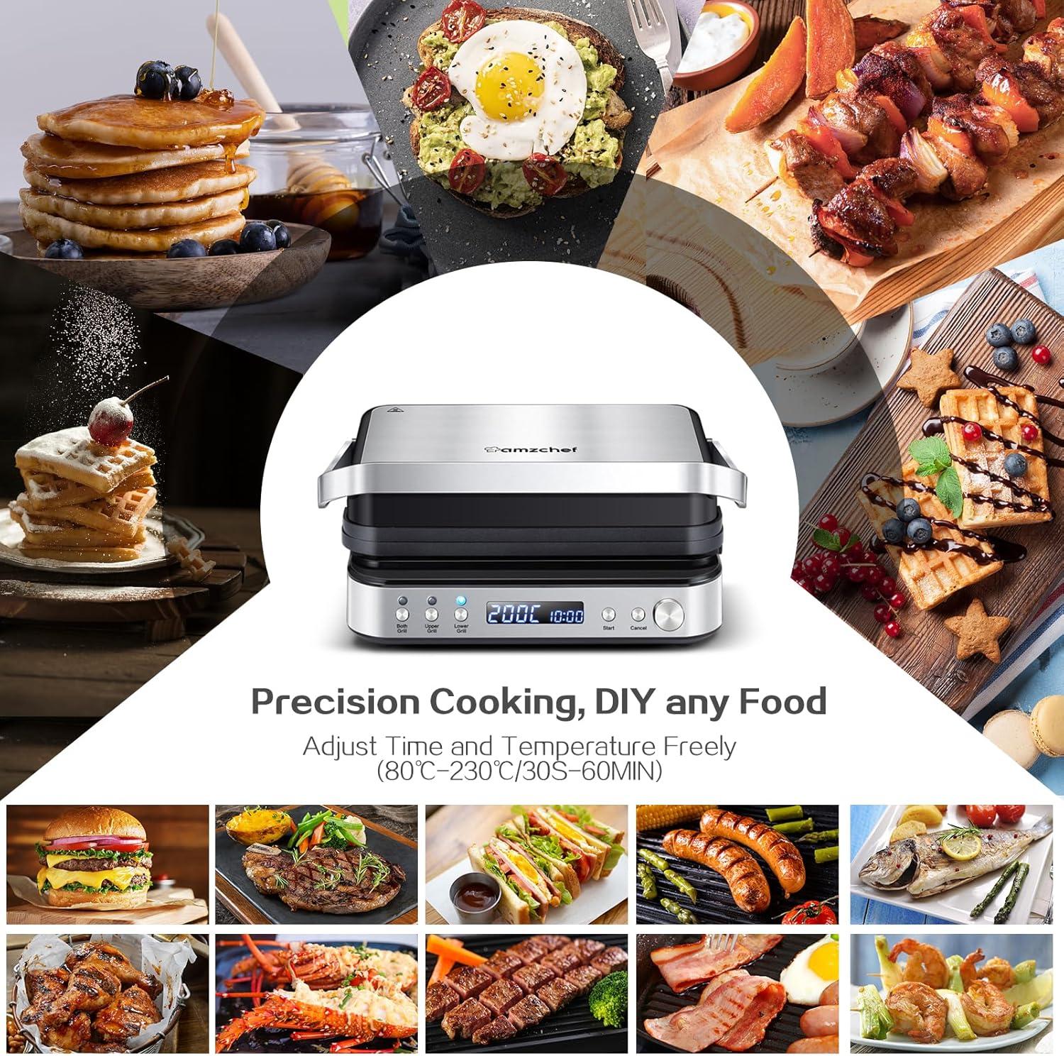image:imageAMZCHEF Gril de contact multifonctionnel 4 en 1 Grille Gaufrier ampamp SandwichMaker avec 4 plaques amovibles antiadhsives temps et temprature personnalissIndicateur LEDGril sant 2000WArgent