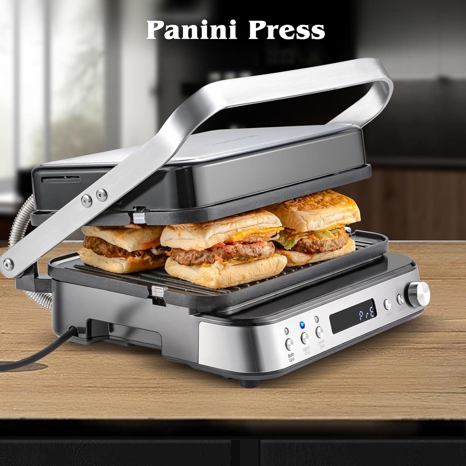image:imageAMZCHEF Gril de contact multifonctionnel 4 en 1 Grille Gaufrier ampamp SandwichMaker avec 4 plaques amovibles antiadhsives temps et temprature personnalissIndicateur LEDGril sant 2000WArgent