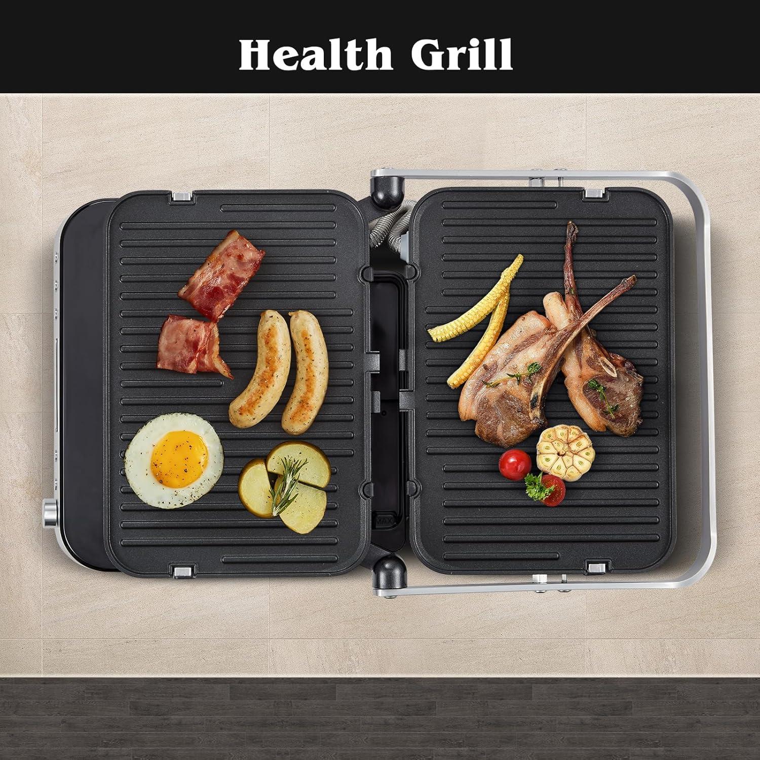image:imageAMZCHEF Gril de contact multifonctionnel 4 en 1 Grille Gaufrier ampamp SandwichMaker avec 4 plaques amovibles antiadhsives temps et temprature personnalissIndicateur LEDGril sant 2000WArgent