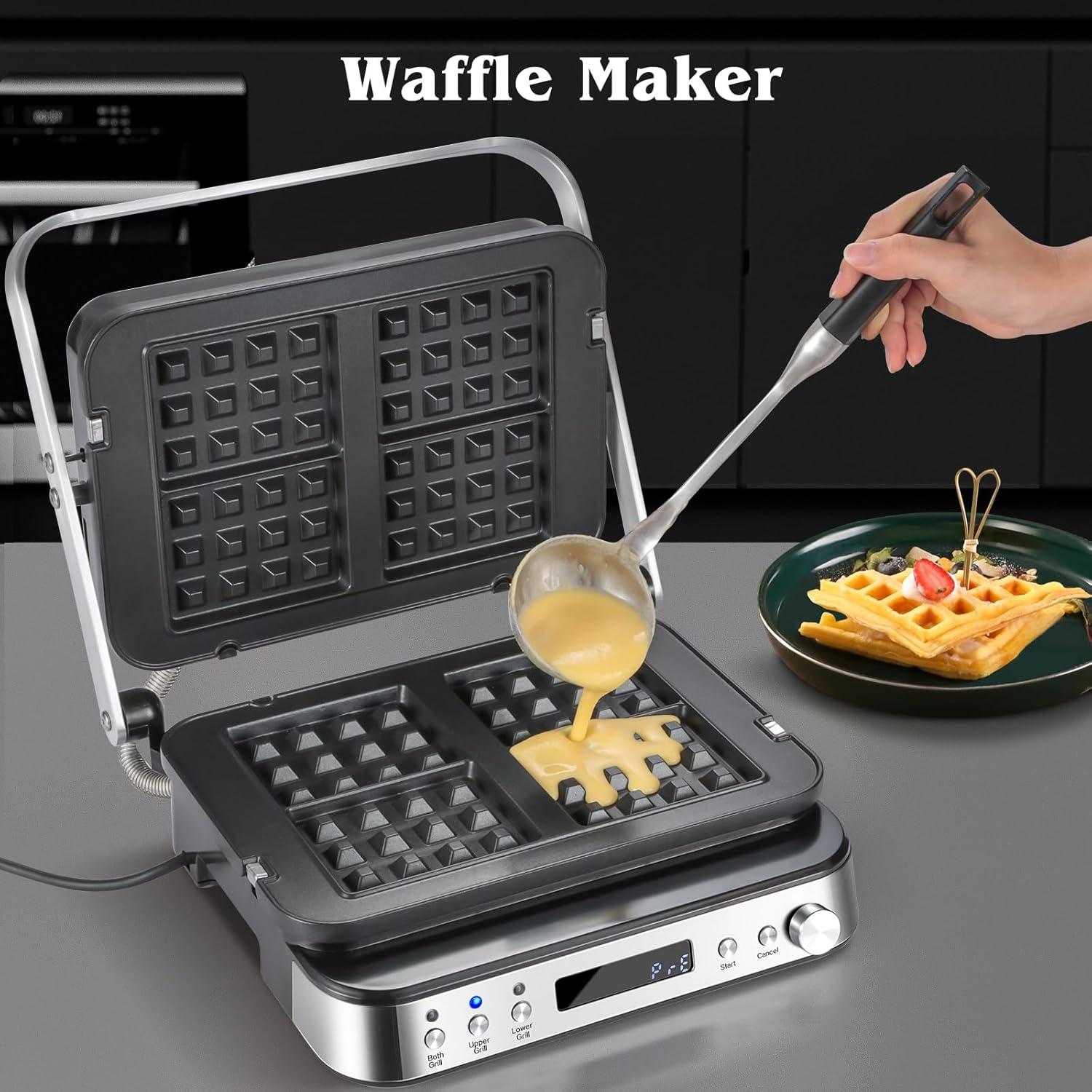 image:imageAMZCHEF Gril de contact multifonctionnel 4 en 1 Grille Gaufrier ampamp SandwichMaker avec 4 plaques amovibles antiadhsives temps et temprature personnalissIndicateur LEDGril sant 2000WArgent