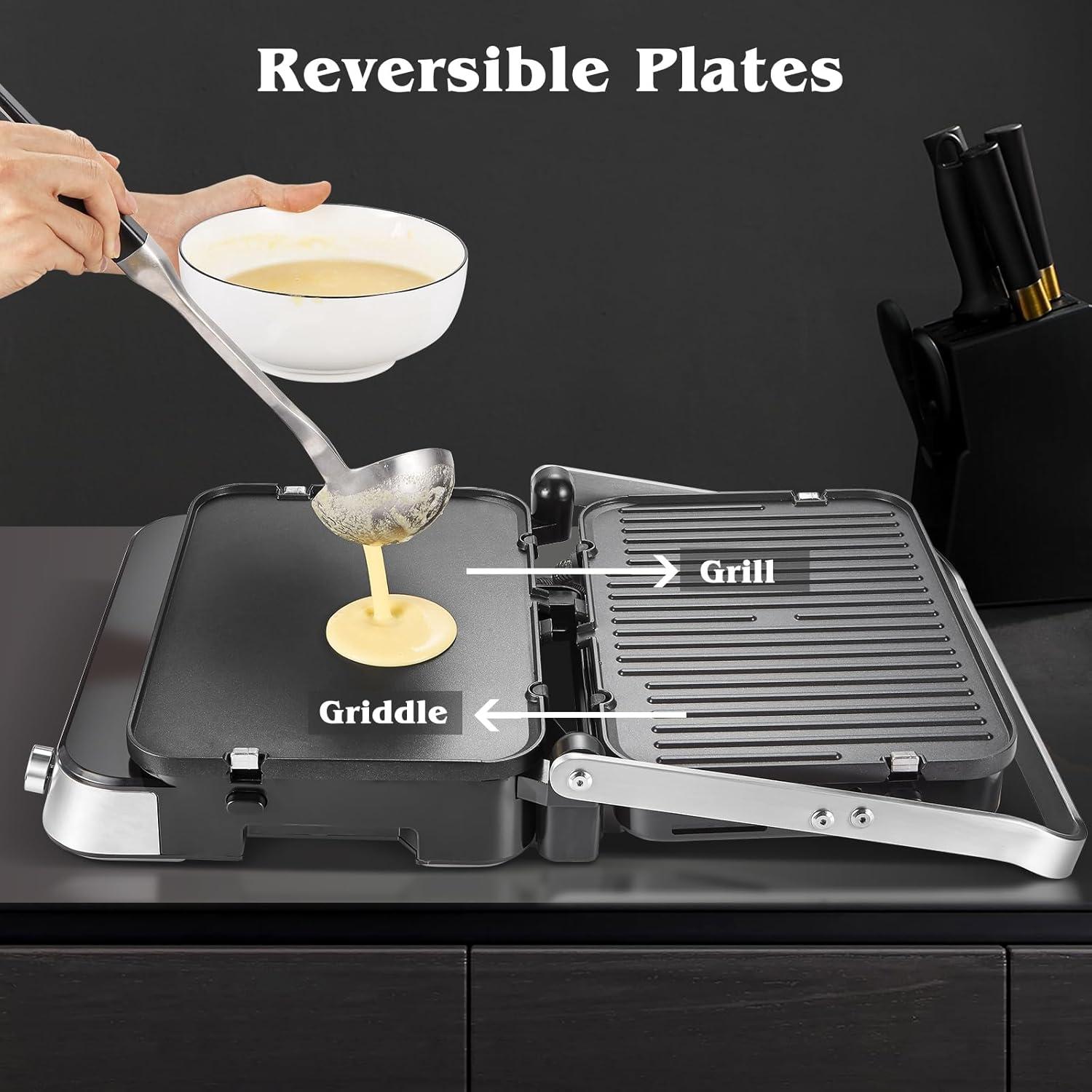 image:imageAMZCHEF Gril de contact multifonctionnel 4 en 1 Grille Gaufrier ampamp SandwichMaker avec 4 plaques amovibles antiadhsives temps et temprature personnalissIndicateur LEDGril sant 2000WArgent