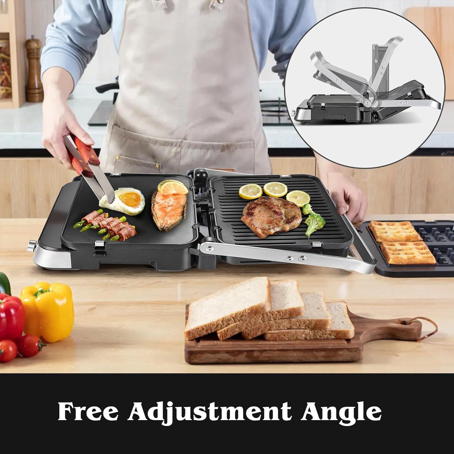 image:imageAMZCHEF Gril de contact multifonctionnel 4 en 1 Grille Gaufrier ampamp SandwichMaker avec 4 plaques amovibles antiadhsives temps et temprature personnalissIndicateur LEDGril sant 2000WArgent