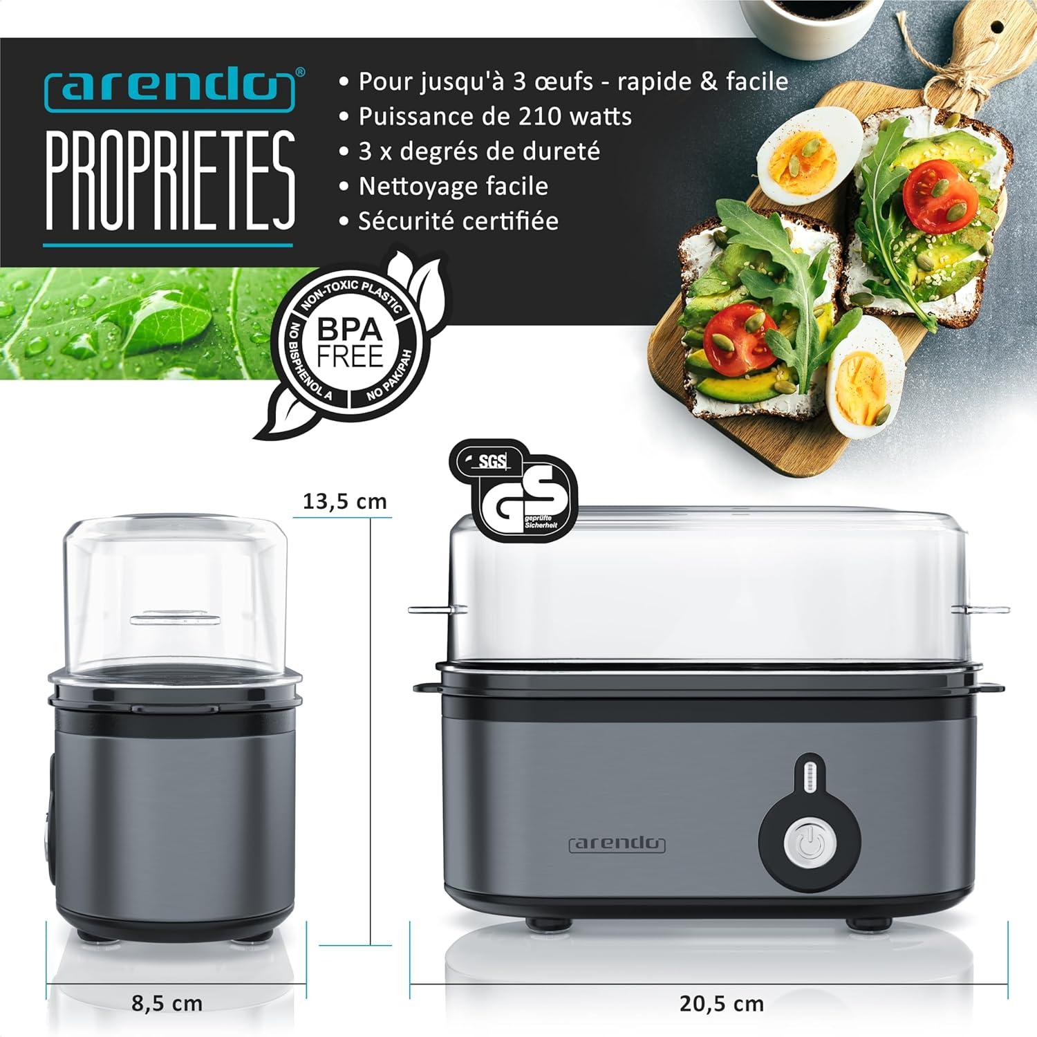 image:imageArendo Cuiseur oeufs en acier inoxydable Threecook Egg cooker 13 oeufs Dur Mollet ou la Coque Verre doseur avec Perce Indicateur Lumineux 210W Base antidrapante sans BPA certifi GS2