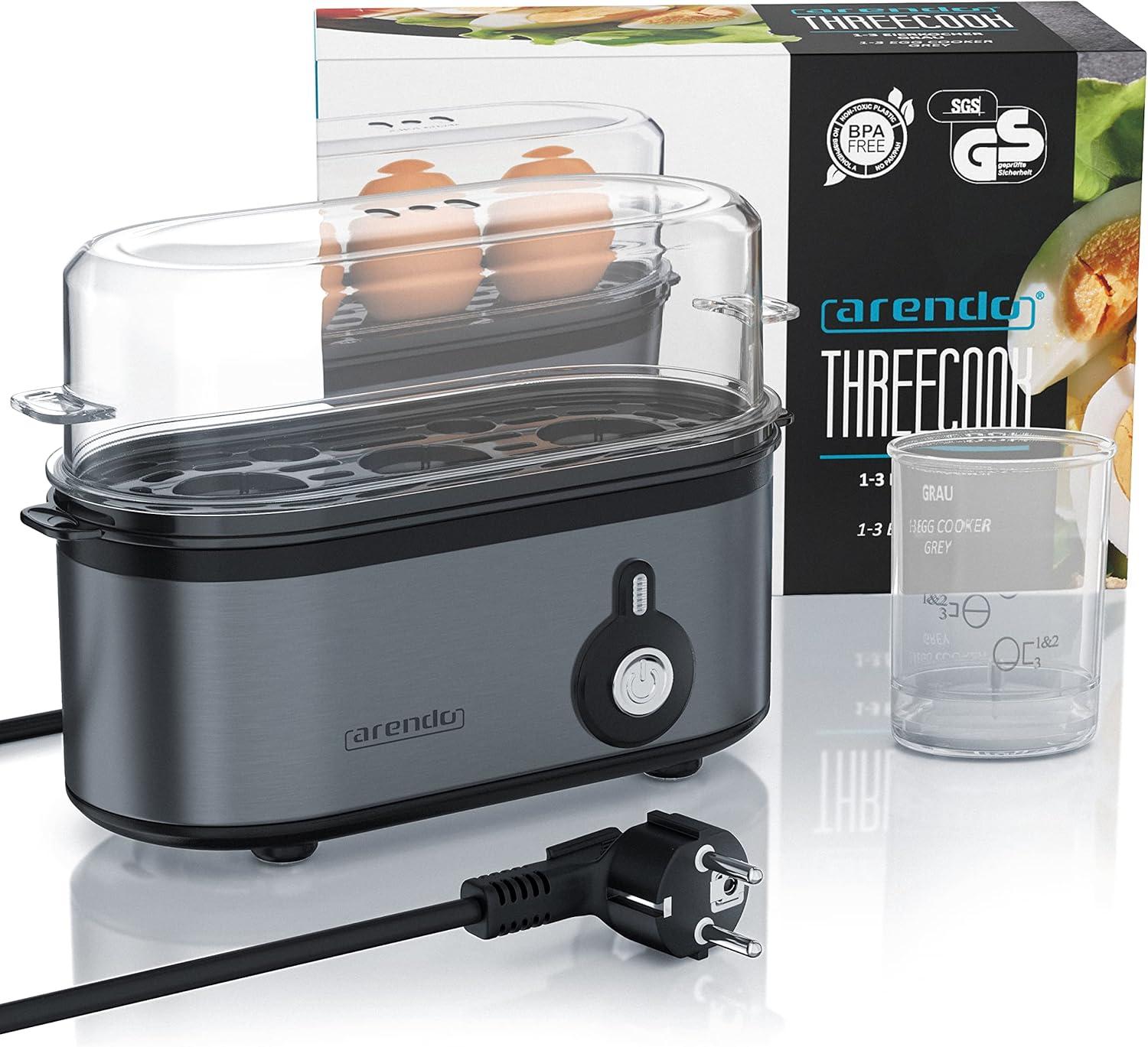 image:imageArendo Cuiseur oeufs en acier inoxydable Threecook Egg cooker 13 oeufs Dur Mollet ou la Coque Verre doseur avec Perce Indicateur Lumineux 210W Base antidrapante sans BPA certifi GS2