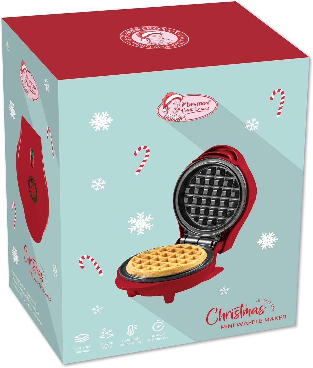 image:imageBestron Mini Gaufrier en dition de Nol appareil gaufres avec revtement antiadhsif Gaufrier idal pour Nol les ftes ou comme cadeau taille de la gaufre 10 cm couleur Vert MatRouge Mat