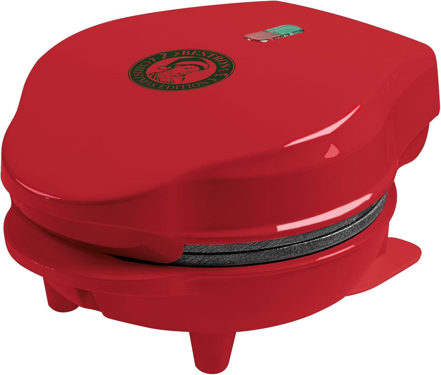 image:imageBestron Mini Gaufrier en dition de Nol appareil gaufres avec revtement antiadhsif Gaufrier idal pour Nol les ftes ou comme cadeau taille de la gaufre 10 cm couleur Vert MatRouge Mat