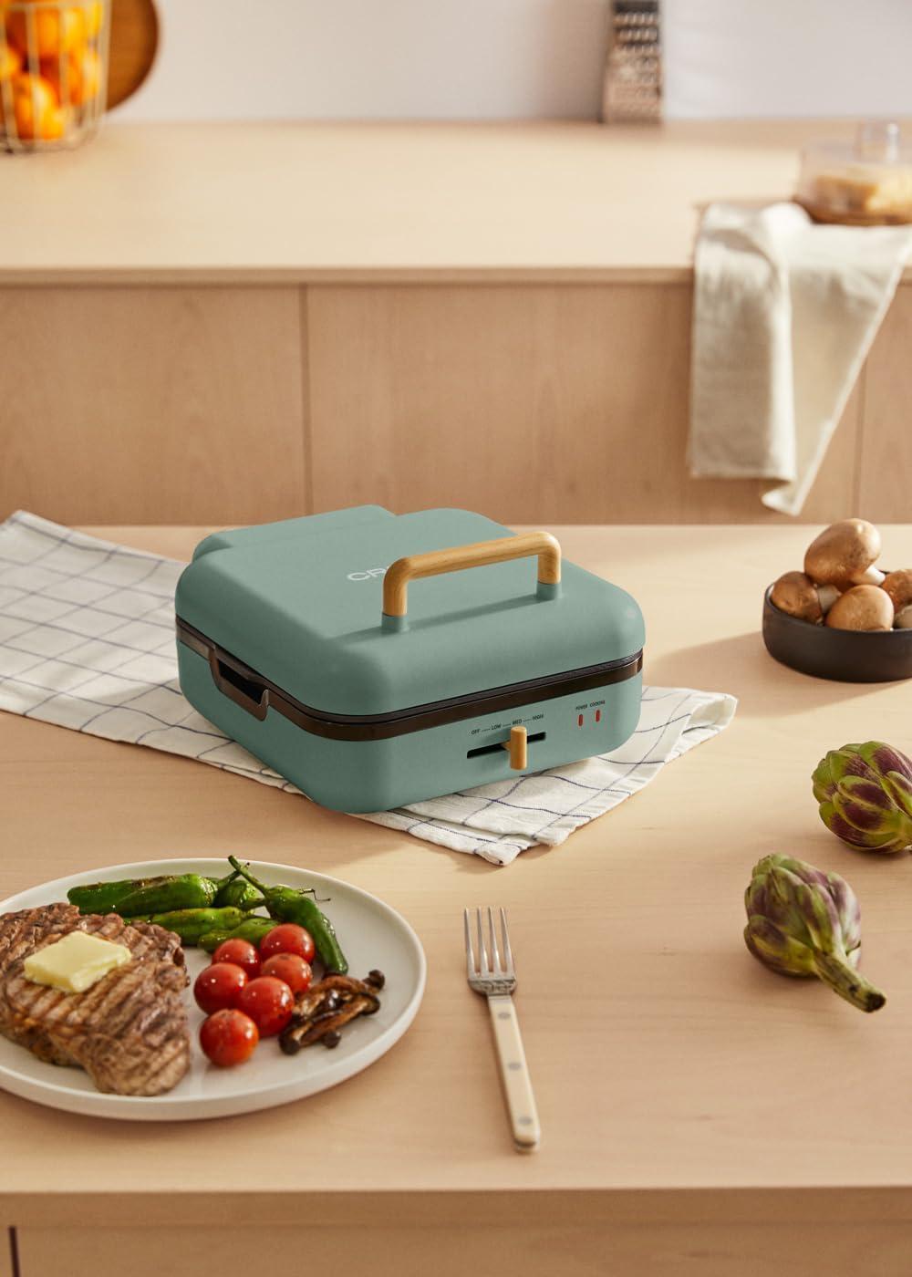 image:imageCREATESTONE STUDIOSandwichGrill et gaufrier quadruple vert sauge 3 plaques interchangeables Grill Gaufre et Sandwich revtement antiadhsif ouverture 180 4 tranches rtro 1600WVert Sauge