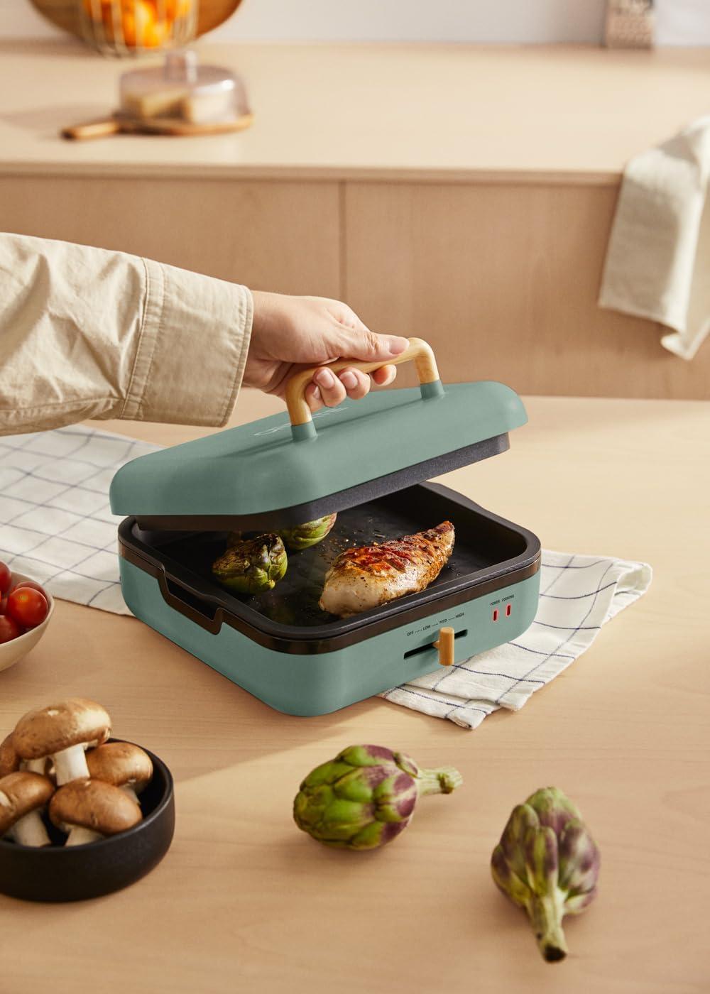 image:imageCREATESTONE STUDIOSandwichGrill et gaufrier quadruple vert sauge 3 plaques interchangeables Grill Gaufre et Sandwich revtement antiadhsif ouverture 180 4 tranches rtro 1600WVert Sauge