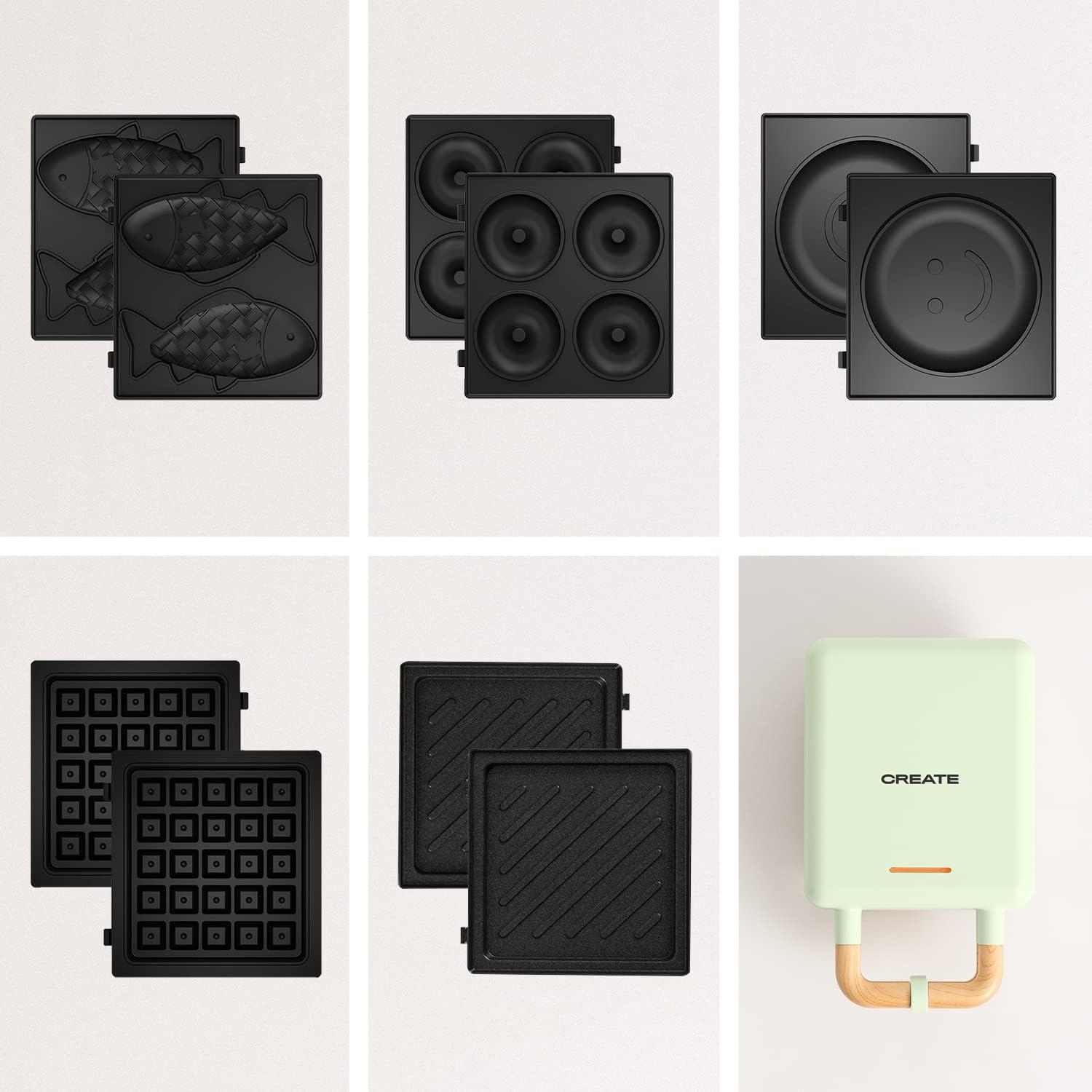 image:imageCREATESTONE STUDIOSandwichGrill et gaufrier quadruple vert sauge 3 plaques interchangeables Grill Gaufre et Sandwich revtement antiadhsif ouverture 180 4 tranches rtro 1600WVert Pastel