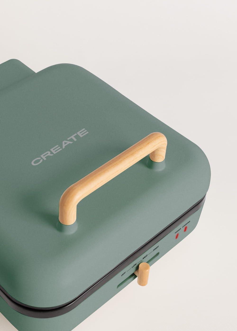 image:imageCREATESTONE STUDIOSandwichGrill et gaufrier quadruple vert sauge 3 plaques interchangeables Grill Gaufre et Sandwich revtement antiadhsif ouverture 180 4 tranches rtro 1600WVert Sauge