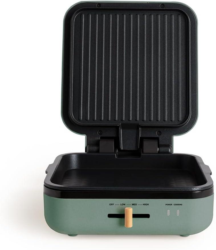 image:imageCREATESTONE STUDIOSandwichGrill et gaufrier quadruple vert sauge 3 plaques interchangeables Grill Gaufre et Sandwich revtement antiadhsif ouverture 180 4 tranches rtro 1600WVert Sauge